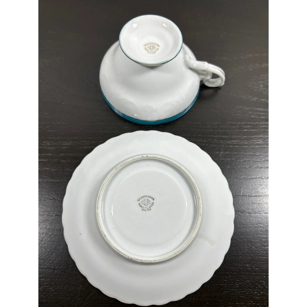 Vintage Ucagco China Teacup Saucer Set Turquoise Gold Gilt Hand Painted Japan